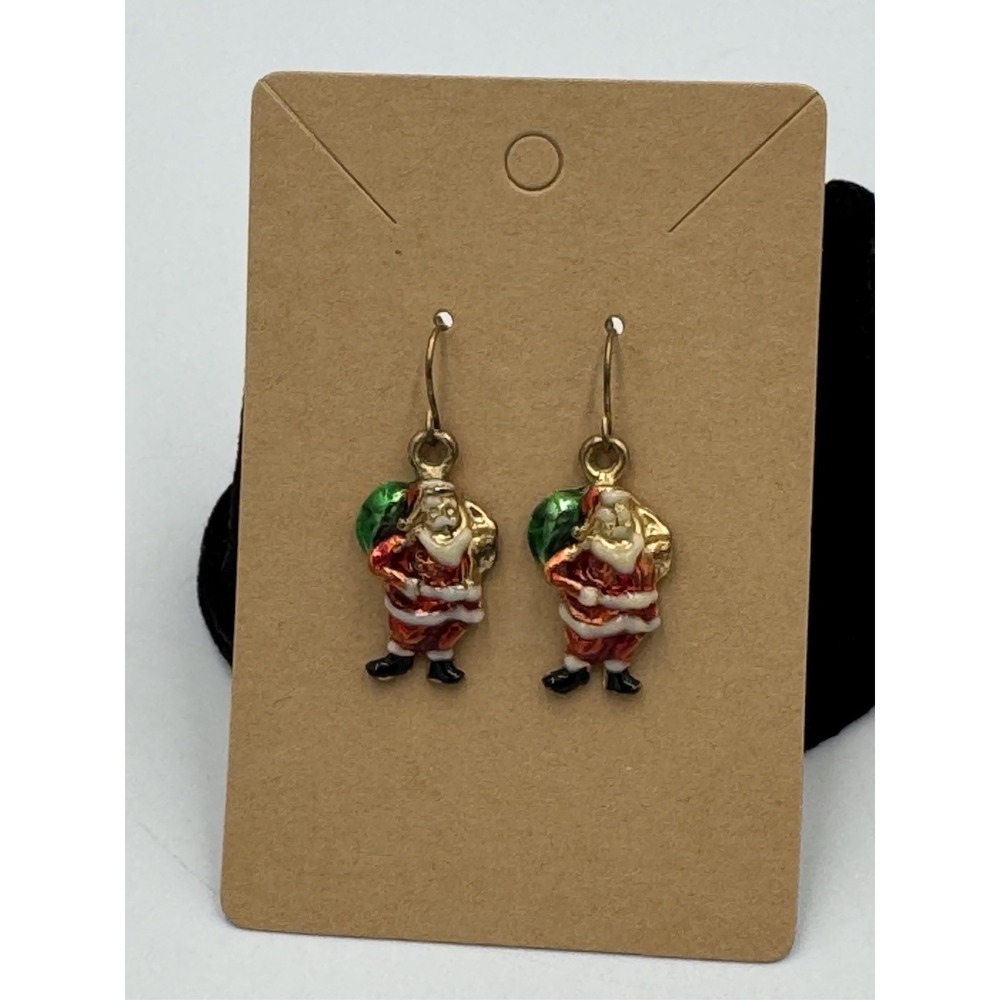 Santa Claus Dangle Earrings‎ Red Green Enamel Gold Tone Christmas Jewelry